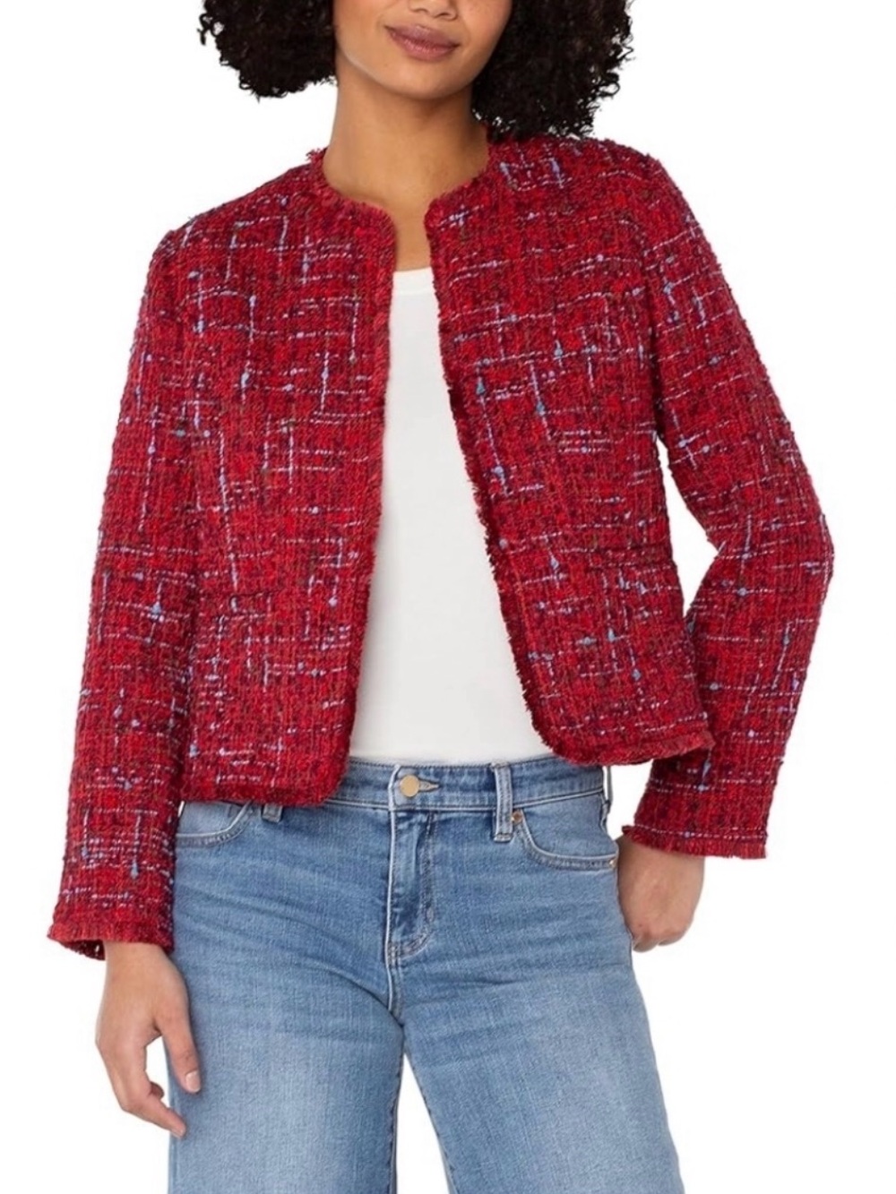 Liverpool Red Tweed Cropped Blazer in Red and Blue Multicolor Boucle Style, S